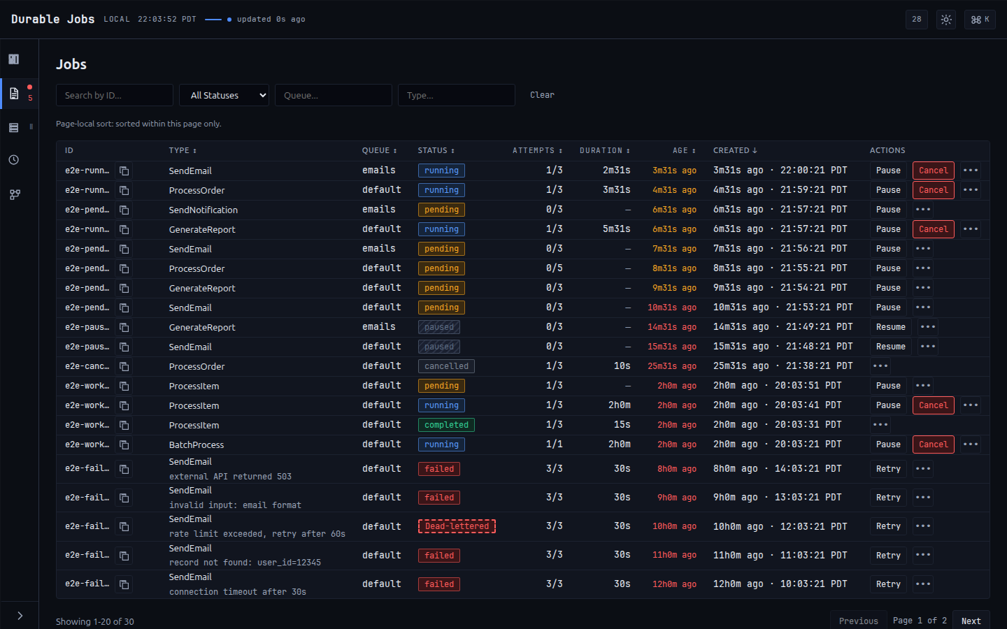 The Jobs view: a filterable table of jobs with ID, type, queue, status, attempts, and per-row Retry/Delete actions.