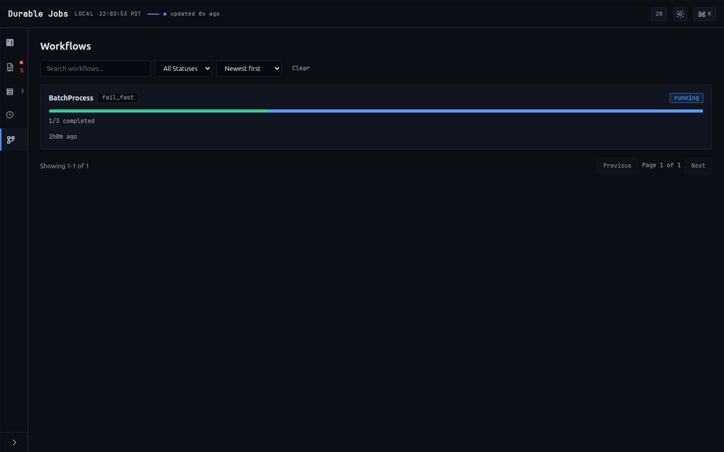 The Workflows view: fan-out/fan-in parents with strategy badges, completed/failed progress bars, and status.