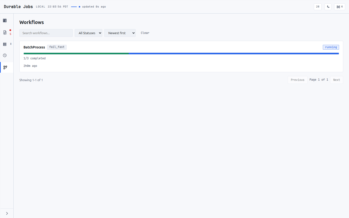 The Workflows view: fan-out/fan-in parents with strategy badges, completed/failed progress bars, and status.